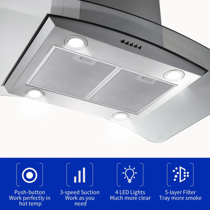 "Joeaonz 36"" Stainless Steel Island Mount Range Hood, Quiet 900CFM, 3-Speed Vent with Button Control and LED Bulb"