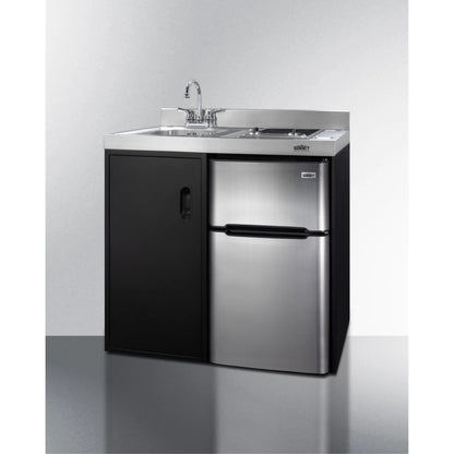 36" wide all-in-one kitchenette with 2-burner 115V smooth-top cooktop, refrigerator-freezer, sink, and storage cabinet