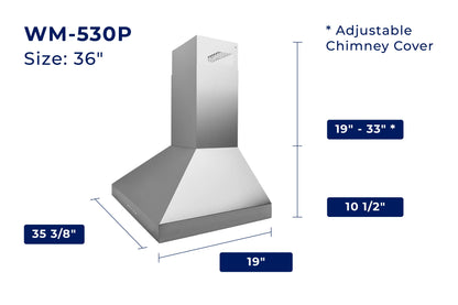 Hauslane Chef Series PRO Model WM-530 36" Wall Mount Chimney Range Hood 120 Volts Ducted or Ductless in Stainless Steel