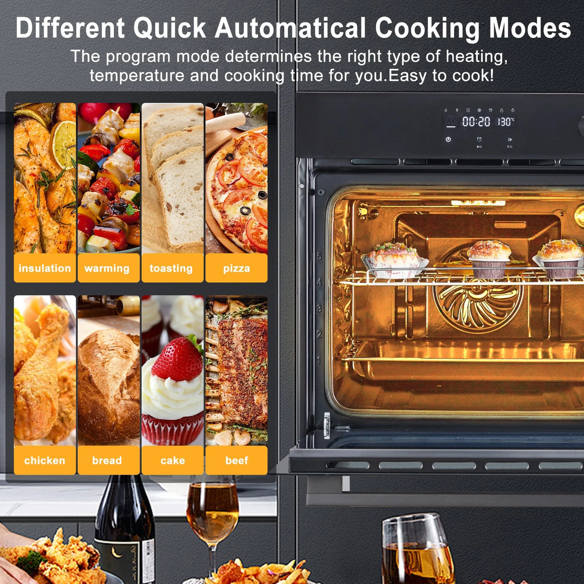 2025 New Single Wall Oven 24" Electric, 3000W Gas, 8 Cooking Functions, Convection Cooking, Touch Screen & Mechanical Knobs, Stainless Steel Built-in 2.5 Cu.ft.