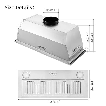 Range Hood 30 inch Insert Vent Hood 600 CFM Built-in Stainless Steel Range Hood Powerful Exhaust Vent Fan