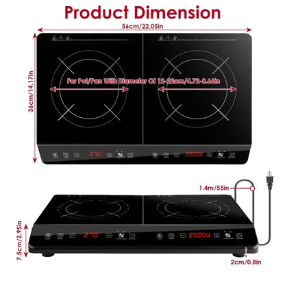 Dual Burner Induction Cooktop, 9 Power/Temperature Levels with Smart Timer, Safety Lock for Simmer/Fry/Boil