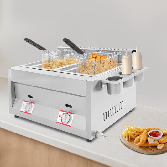 12L 3.17Gal Dual Tank Gas Fryer 430SS Commercial Deep Fryer