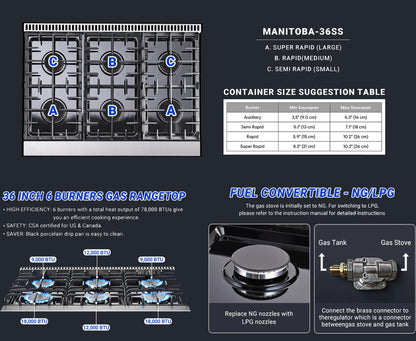 Sunmaki Gas Cooktop 36 inch Built-in Gas Stove with 6 Sealed Burner for Cooking, Gas Grilling, Propane Cooktop NG/LPG Switch