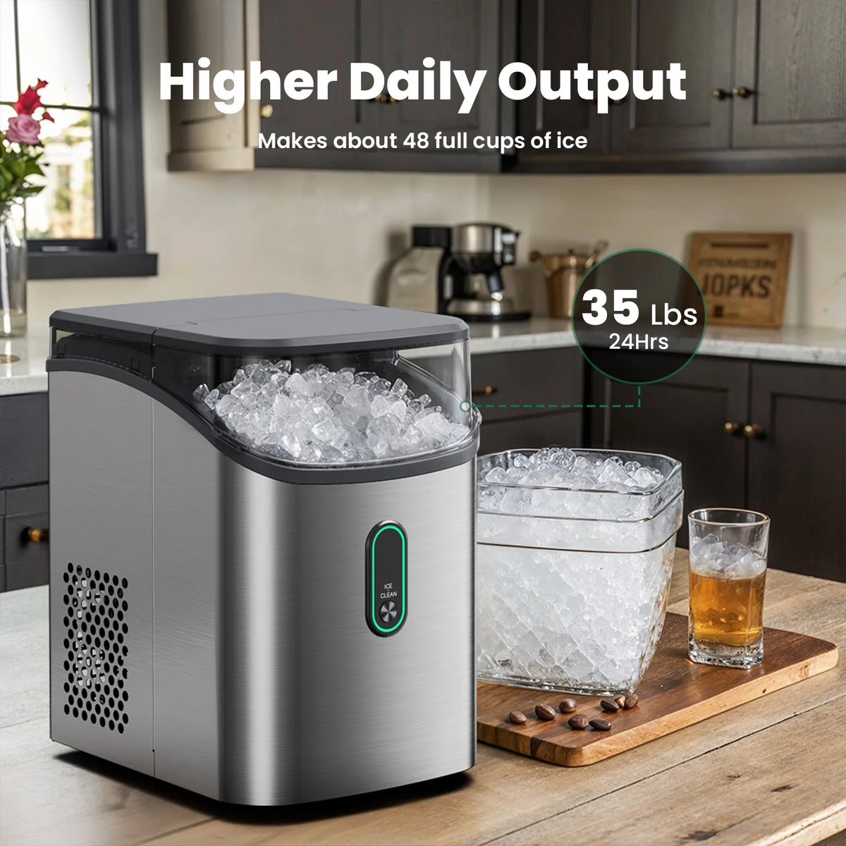 Philergo Nugget Ice Maker Countertop, Pebble Ice Maker with Soft Chewable Ice, 35 lbs/24 Hrs for Home, Kitchen, RV, Camping, Silver