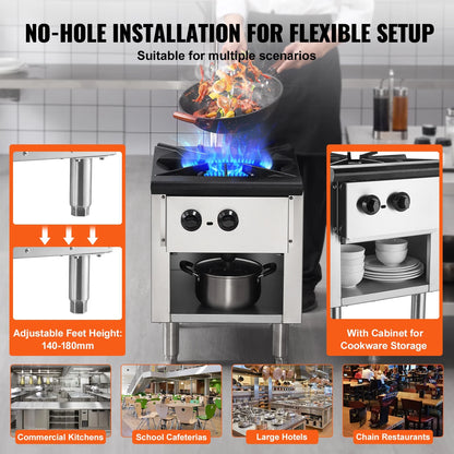 KFFKFF Gas Range for Commercial Kitchens, Dual Fuel Support with Propane & Natural Gas, Stainless Steel Countertop Burner, 90,000 BTU, Includes Storage Cabinet, Ideal for Restaurants