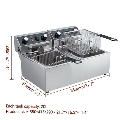 Yesurprise 6/10/12L Commercial Electric Deep Fryer Dual Tank w/Basket & Lid Countertop Stainless Steel Deep Fryer for Large Tank French Fries Onion Rings