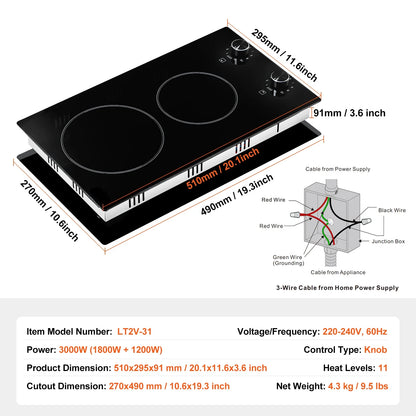 KFFKFF Built-in 2 Burner Electric Cooktop, 12" Electric Range, 3000W Electric Stove Top with Smooth Ceramic Surface, Rotary Dial, 11 Temperature Settings, 220-240V, Direct Wiring Required