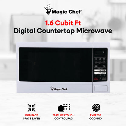 Magic Chef 1.6 Cu. ft. 1100W Countertop Microwave Oven with Push-Button Door in Black, New
