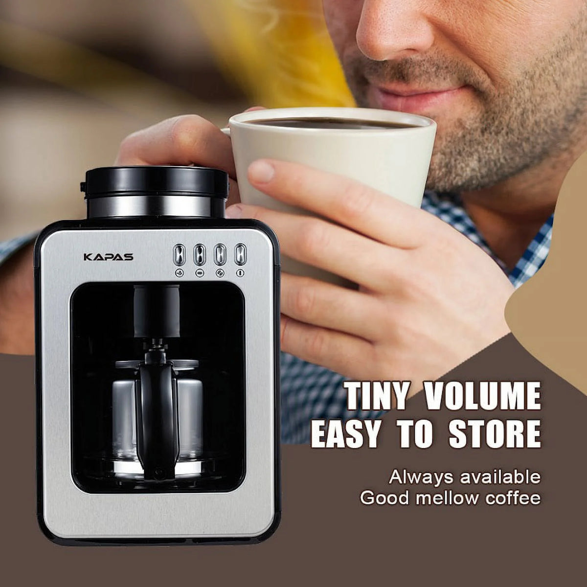 KAPAS Mini Automatic Coffee Machine With Grinding Function, Programmable Timer Mode and Keep Warm Plate,0.6L Capacity, 600W