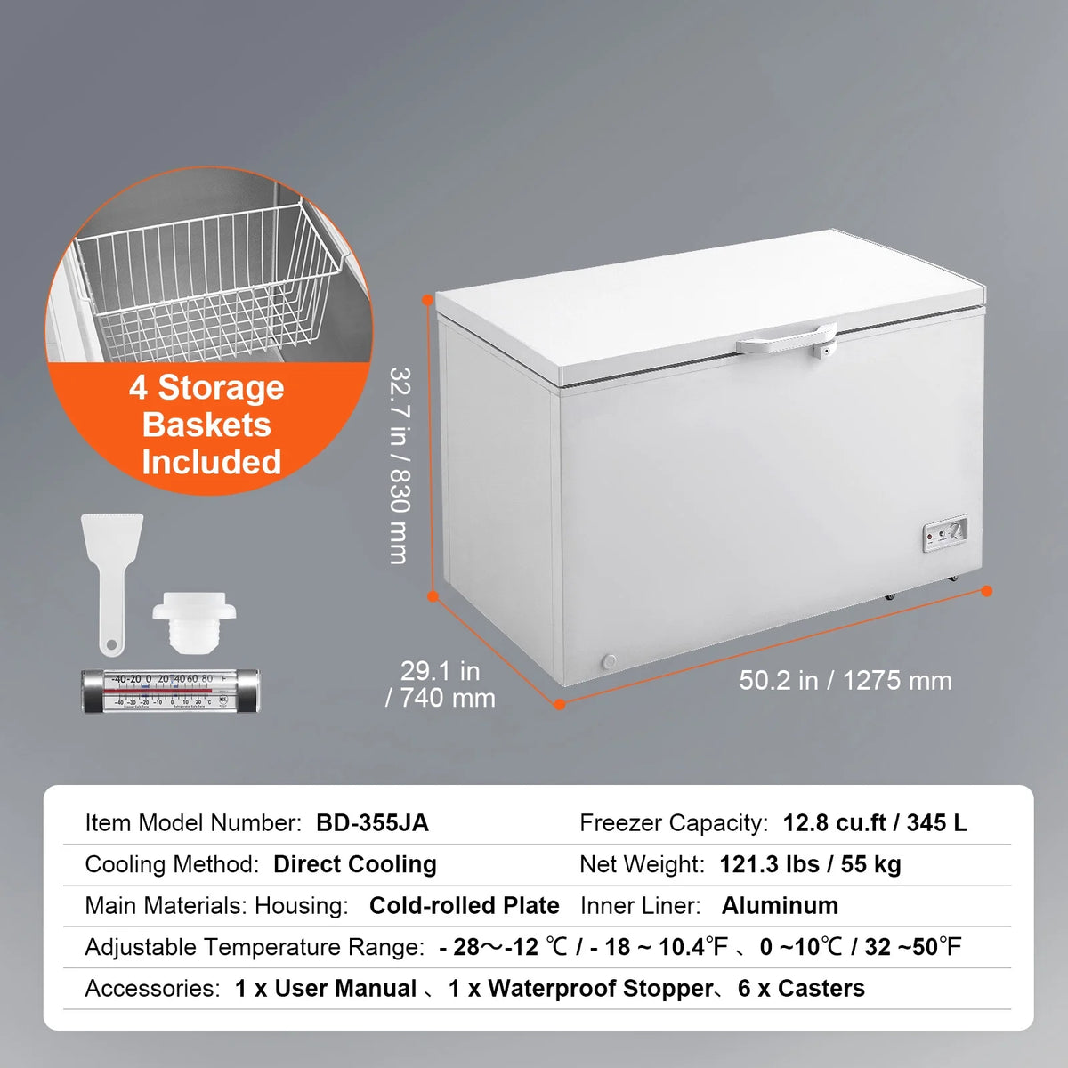 KFFKFF 12.8 Cu.ft / 345 L  Top-Open Chest Freezer with 7-SpeedTemperature Control 4 Removable Storage Baskets, Freestanding 6 Wheels