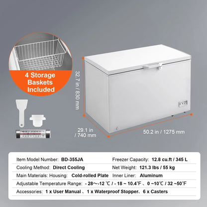 KFFKFF 12.8 Cu.ft / 345 L  Top-Open Chest Freezer with 7-SpeedTemperature Control 4 Removable Storage Baskets, Freestanding 6 Wheels