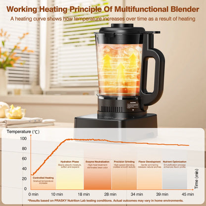 PRASKY Countertop Blender with Heating, 53oz Glass Jar, Nut Milk Maker, Homemade Soy, Soup, Ice, Multifunction Blender for Kitchen with Portable Metal Insulated Cup (Black)