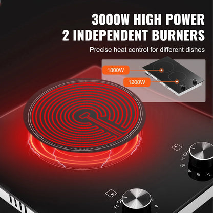 KFFKFF Built-in 2 Burner Electric Cooktop, 12" Electric Range, 3000W Electric Stove Top with Smooth Ceramic Surface, Rotary Dial, 11 Temperature Settings, 220-240V, Direct Wiring Required