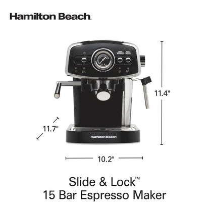 Hamilton Beach 15-Bar, 2 Cup Espresso Machine, Slide & Lock Espresso Maker with Milk Frother, Black & Chrome