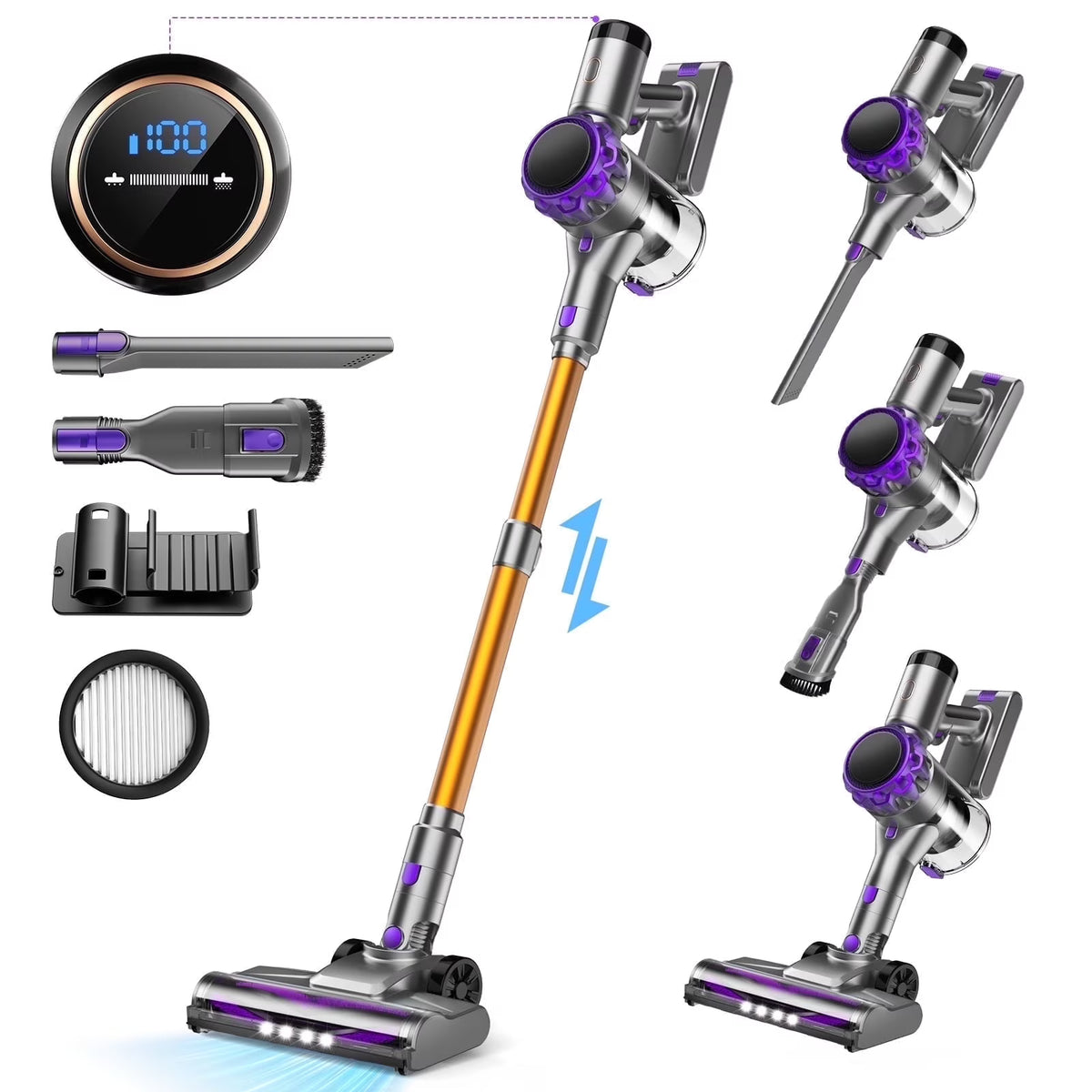 Cordless Vacuum Cleaner, 350W 35Kpa Powerful Stick Vacuum, with LED Display Free-Standing Vacuum Cleaners for Home Pet Hair Carpet Hard Floor S3 (Purple)