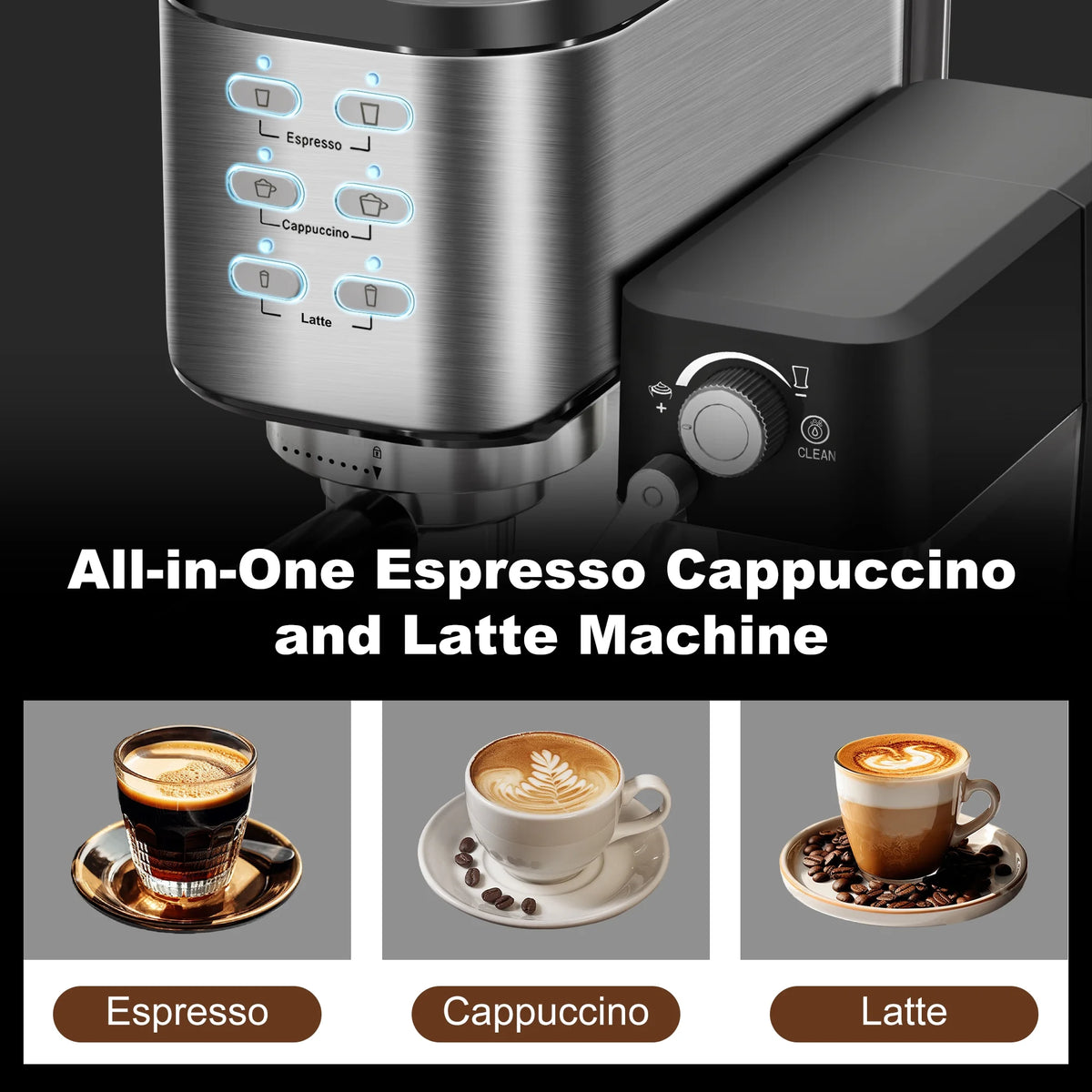 Bluebow 6-in-1 Espresso Machine, 20 BAR Cappuccino & Latte Machine with Built-In Milk Frother, One-Touch Single/Double Shot, 1350W, Stainless Steel