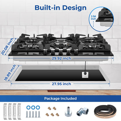 Amzgachfktch Gas Cooktop 30 Inch 5 Burners Stove Top Built-in NG/LPG Convertible with Thermocouple Protection