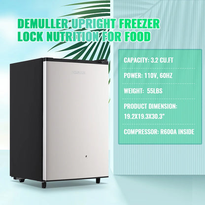 Demuller Upright Freezer 3.2 Cu.ft Freezer 7-speed Temperature Control Fix Shelves Black New