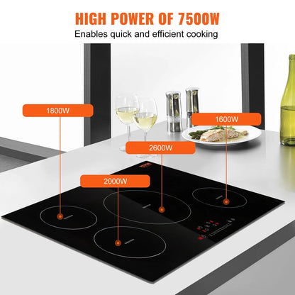 HCY Electric Cooktop, 4 Burners, 30'' Induction Stove Top, Built-in Magnetic Cooktop 7500W, 9 Heating Level Multifunctional Burner, LED Touch Screen with Child Lock & Over-Temperature Protection