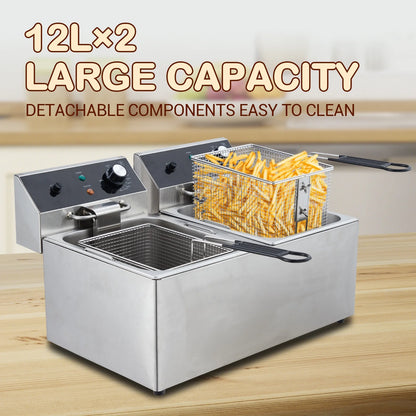 Yesurprise 6/10/12L Commercial Electric Deep Fryer Dual Tank w/Basket & Lid Countertop Stainless Steel Deep Fryer for Large Tank French Fries Onion Rings