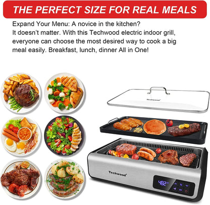 Techwood Indoor Smokeless Grill, 1500W, Black, Electric Portable Korean BBQ Grill with Tempered Glass Lid