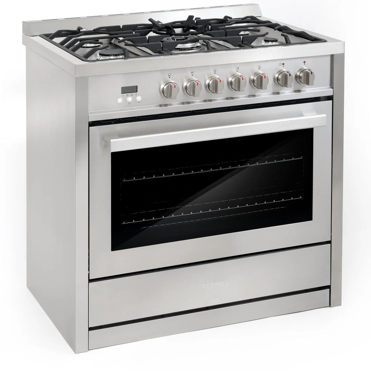 Cosmo 4 Piece Kitchen Appliance Packages with 36" Freestanding 220/240V Dual Fuel Range 36" Island Range Hood 24" Built-in Integrated Dishwasher & French Door Refrigerator Kitchen Appliance Bundles