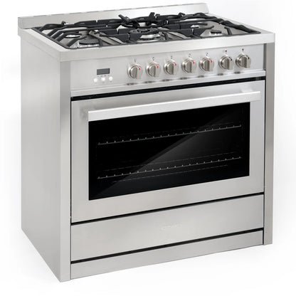 Cosmo 4 Piece Kitchen Appliance Packages with 36" Freestanding 220/240V Dual Fuel Range 36" Island Range Hood 24" Built-in Integrated Dishwasher & French Door Refrigerator Kitchen Appliance Bundles