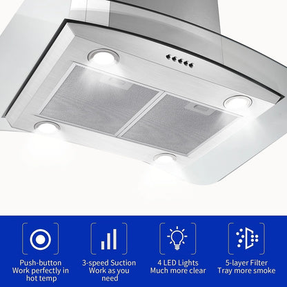"Joeaonz 30"" Island Mount Range Hood, Stainless Steel, LED Bulbs, Easy-Clean Filters, 120V"