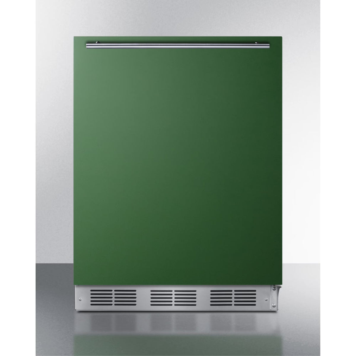 ADA height 24" refrigerator-freezer for residential use with emerald green door, stainless steel handle, and white cabinet