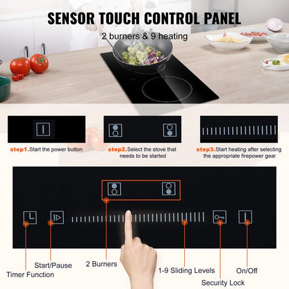 KFFKFF 2 Burner Electric Cooktop, 220-240V 1800W 20 Inch Built-in Electric Stove Ceramic Cooktop with Touch Screen, 9 Levels Settings, Overheat Protection with US Plug