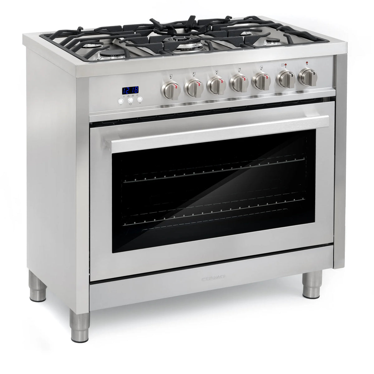 Cosmo 4 Piece Kitchen Appliance Packages with 36" Freestanding 220/240V Dual Fuel Range 36" Island Range Hood 24" Built-in Integrated Dishwasher & French Door Refrigerator Kitchen Appliance Bundles