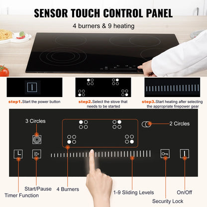 KFFKFF Ceramic Cooktop, 30" 4 Burners Induction Stovetop, 240V 7200W with Touch Control, Timer & Child Lock, 9 Temperature Levels for Diverse Culinary Tasks
