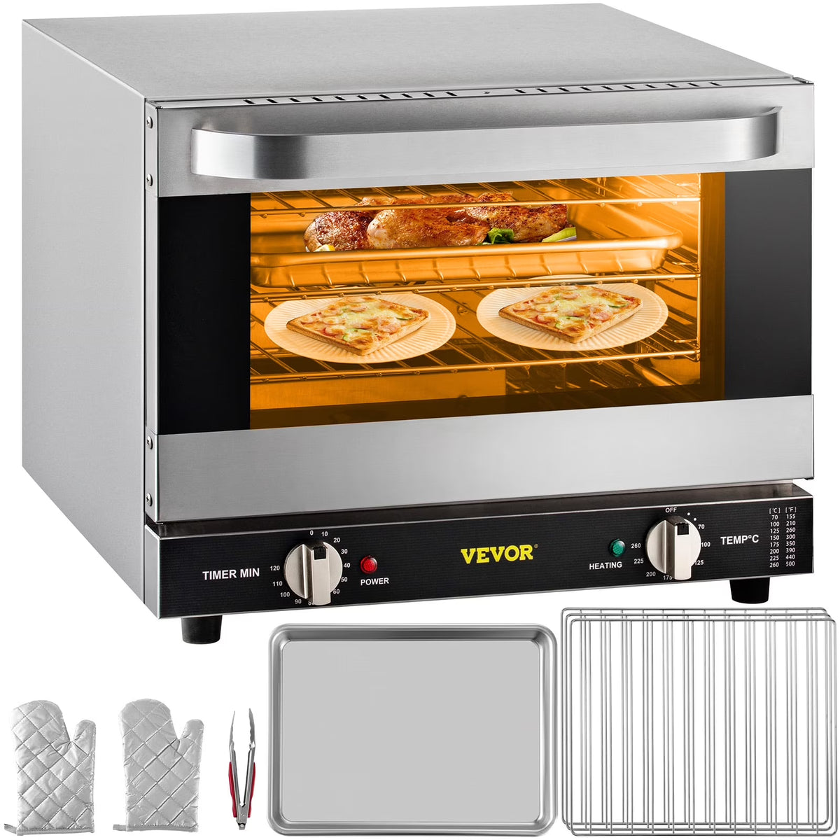 VEVOR Commercial Convection Oven,21L/19Qt,Quarter-Size Conventional Oven Countertop,1440W 3-Tier Toaster with Front Glass Door,Electric Baking Oven with Trays Wire Racks Clip Gloves