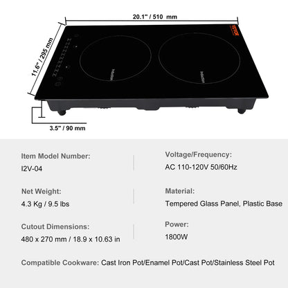 BENTISM 12 inch Electric Cooktop 2 Burners 1800W Stove Top Touch Control
