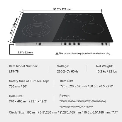 KFFKFF Ceramic Cooktop, 30" 4 Burners Induction Stovetop, 240V 7200W with Touch Control, Timer & Child Lock, 9 Temperature Levels for Diverse Culinary Tasks