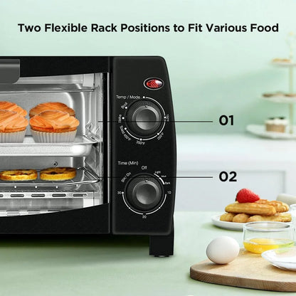 COMFEE' Mini 2-Slice Toaster Oven, Countertop toaster oven, 2-Knobs Easy to Control with Timer for Bake, Broil, Toast, 1000W, Black/White (CO-B08AA(BK))