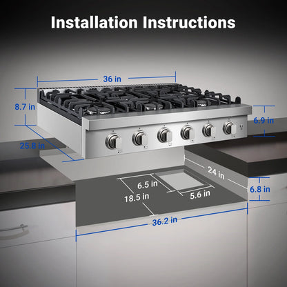 Sunmaki Gas Cooktop 36 inch Built-in Gas Stove with 6 Sealed Burner for Cooking, Gas Grilling, Propane Cooktop NG/LPG Switch
