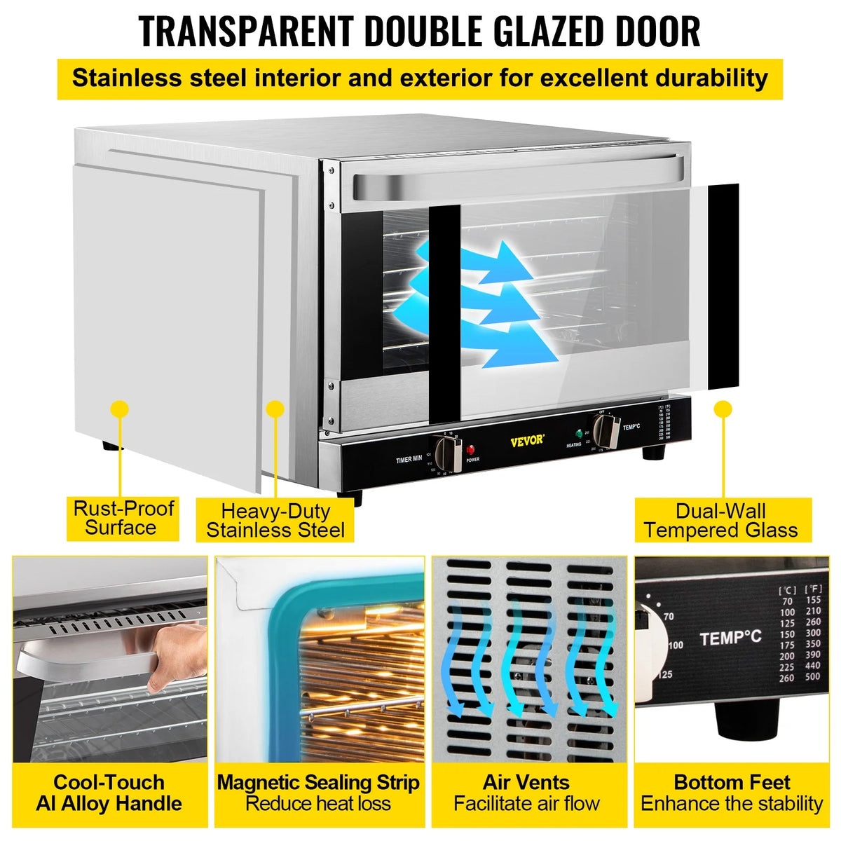 VEVOR Commercial Convection Oven,21L/19Qt,Quarter-Size Conventional Oven Countertop,1440W 3-Tier Toaster with Front Glass Door,Electric Baking Oven with Trays Wire Racks Clip Gloves