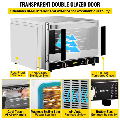 VEVOR Commercial Convection Oven,21L/19Qt,Quarter-Size Conventional Oven Countertop,1440W 3-Tier Toaster with Front Glass Door,Electric Baking Oven with Trays Wire Racks Clip Gloves