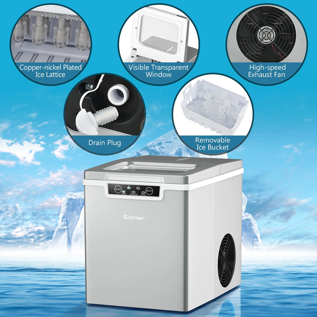 Costway Ice Maker Machine Countertop 26Lbs/24H Portable W/Scoop & Basket Silver