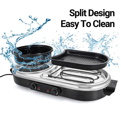 ZXMT 2 in 1 Electric Hot Pot with Grill Combo 2100W Indoor Griddle Dual Temperature Control Non-Stick Korean BBQ Shabu Pan