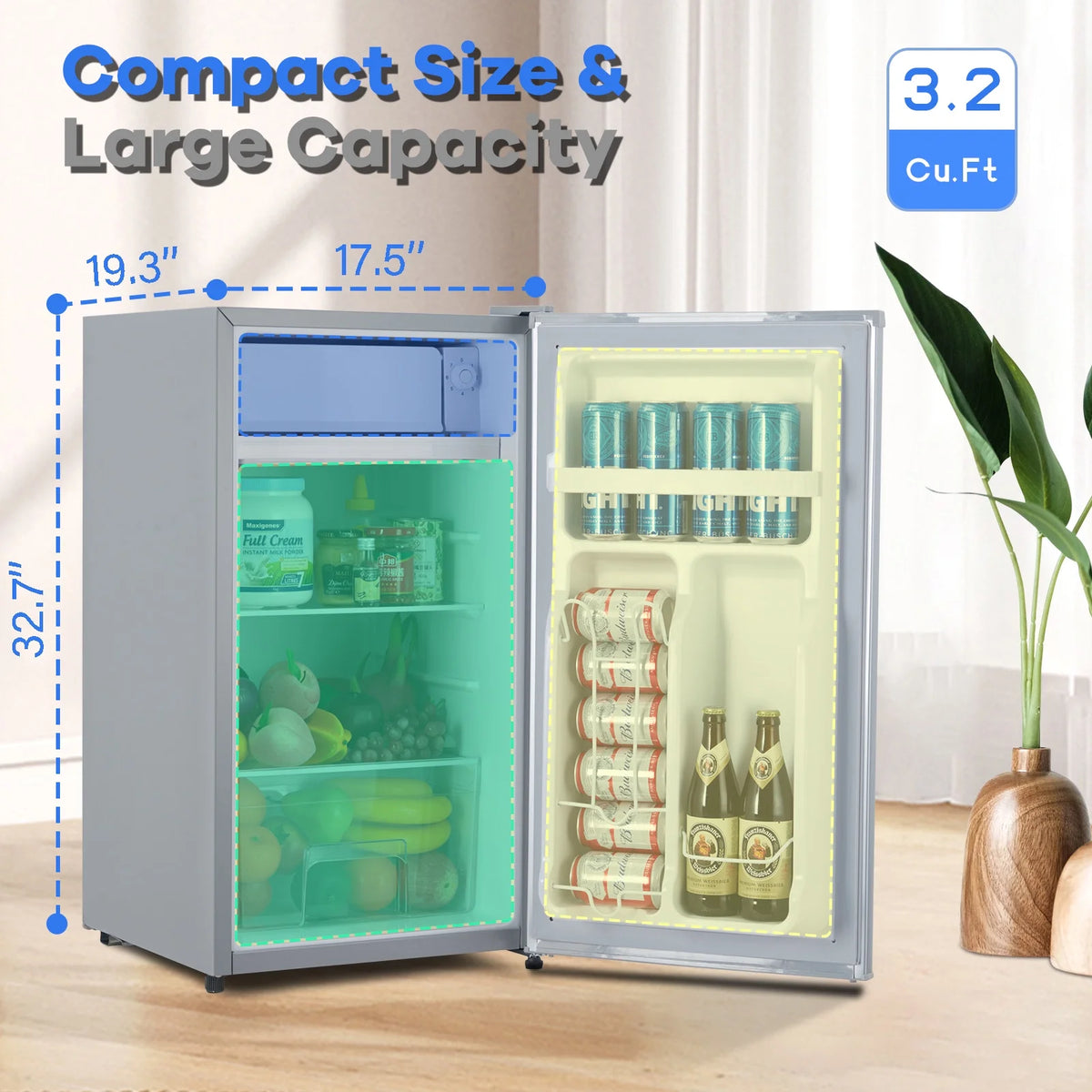 OYang Single Door Mini Fridge, Super Quiet 19.3"D x17.5"W x 32.7"H