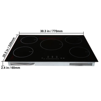 KFFKFF Electric Range, 5 Elements, 30'' Built-in Induction Cooking Surface, 9200W, 9 Power Settings, LED Display, Safety Lock & Heat Guard