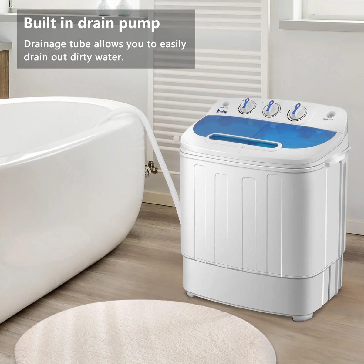 Semi-automatic Twin Tub Washing Machine with Built-in Drain Pump, 13Lbs Capacity, US Standard, White & Blue, Compact Design for Small Spaces