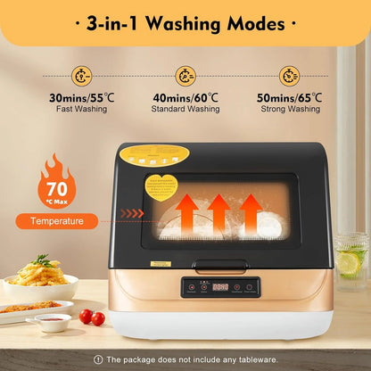 Countertop Dishwasher, Portable Dishwasher With Water Tank, 3 Washing Programs, 360-Degree Water Spraying, 75��C Hot Air Drying Technology, 110v, 1200w (Black+Brown)