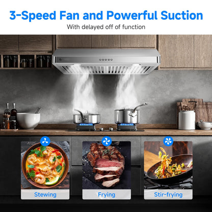Sunmaki 30 inch Under Cabinet Range Hood with 3  Speed Exhaust Fan, 750CFM Fan Kitchen Stove Vent, Push Button