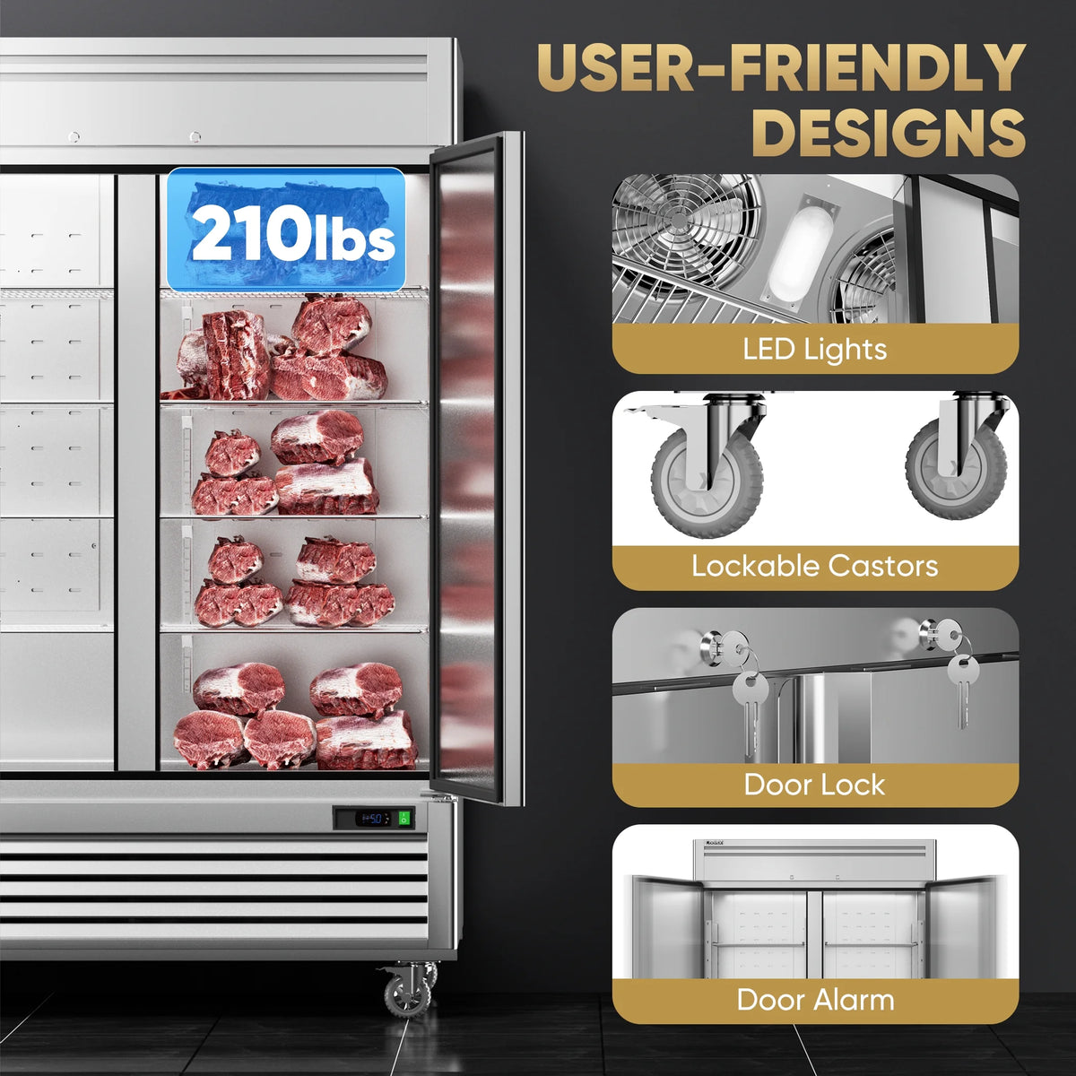 Coolski 54"W 2 Door Commercial Freezer, 49 Cu.ft Stainless Steel Reach-in Freezer