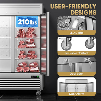 Coolski 54"W 2 Door Commercial Freezer, 49 Cu.ft Stainless Steel Reach-in Freezer