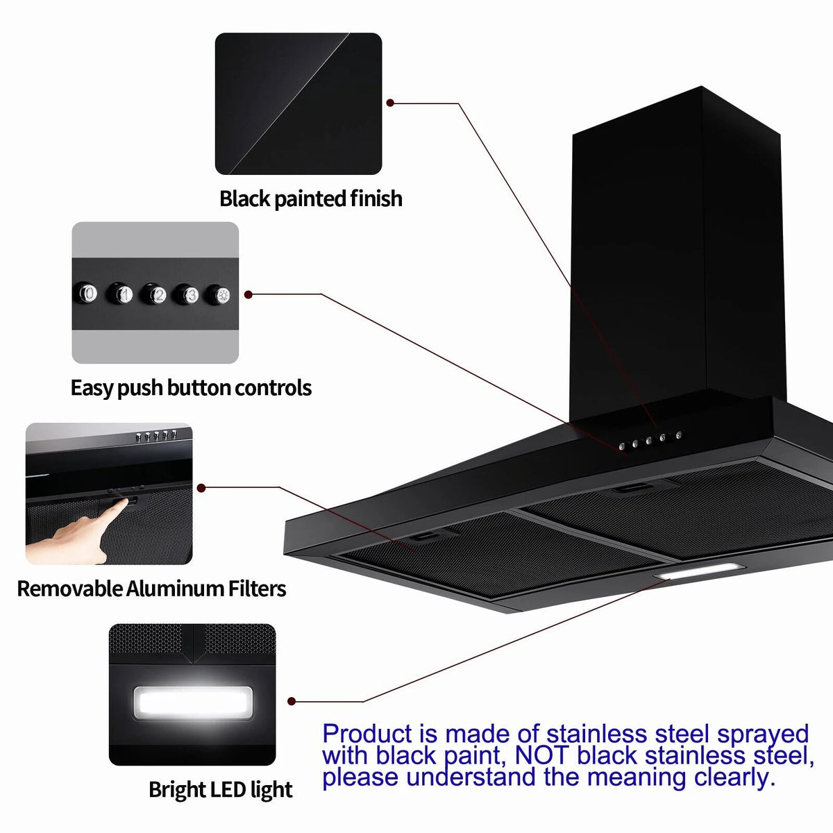 24 inch Wall Mounted Range Hood Kitchen Stove Vent Hood 450 CFM 3-Speed Fan